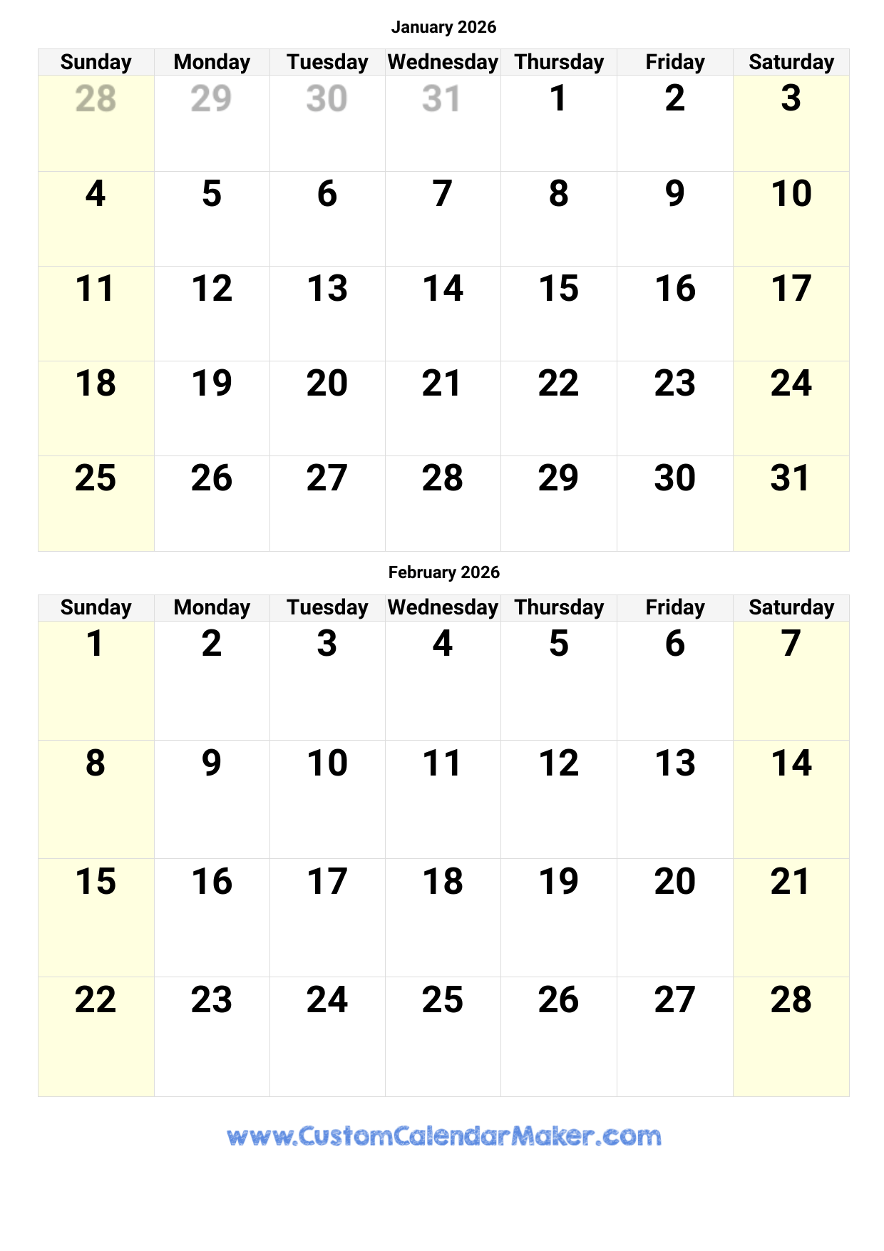 January And February 2026 Calendar Custom Calendar Maker January And February 2026 Calendar Custom Calendar Maker