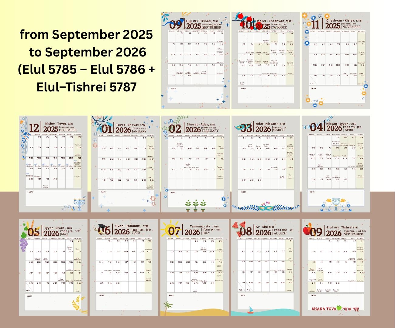 Jewish Calendar 2025 2026 Printable Hebrew Year Planner A4 Letter PDF Etsy