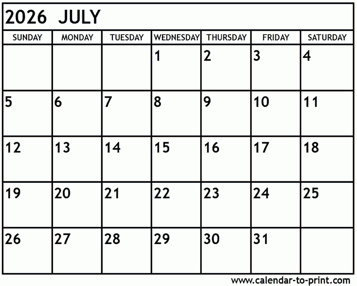 2026 July Calendar Printable