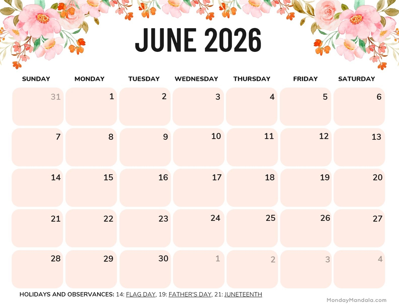 Printable Monthly Calendar June 2026