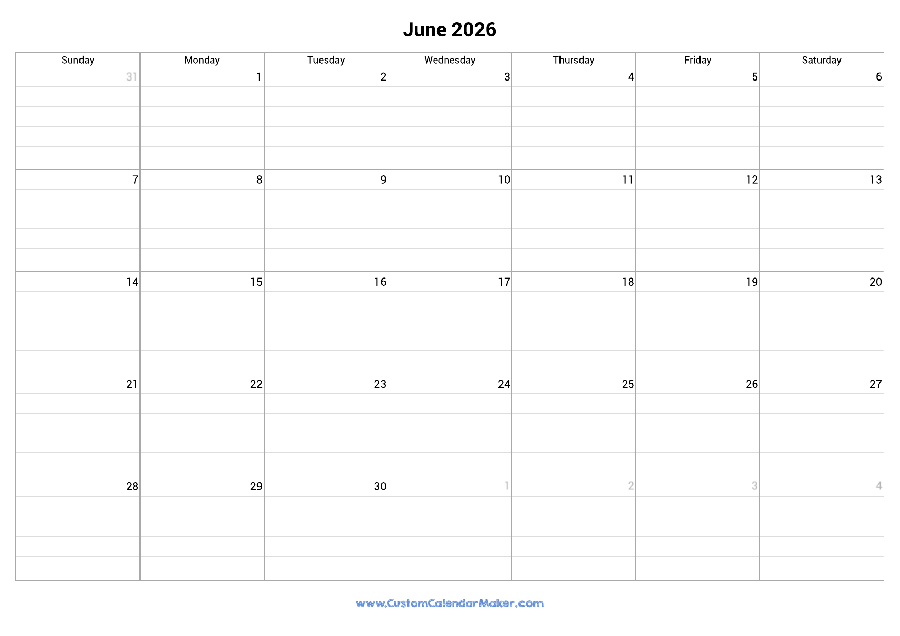 June 2026 Fillable Calendar Grid With Lines Custom Calendar Maker