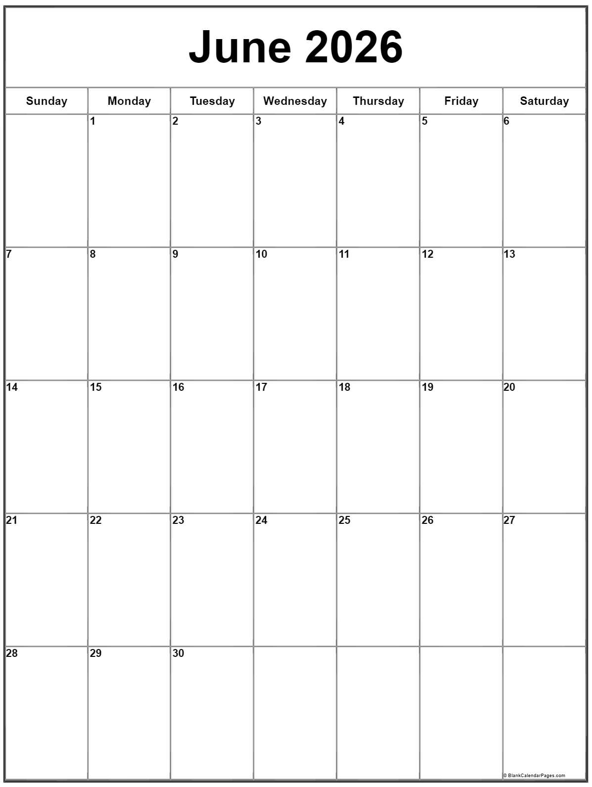 June 2026 Vertical Calendar Portrait