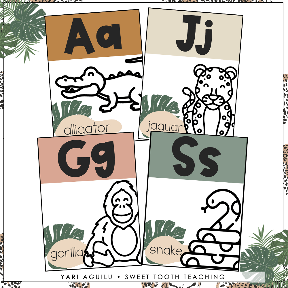 Jungle Theme Alphabet Posters In Print Cursive Neutral ABC Chart Editable Shop Sweet Tooth Teaching