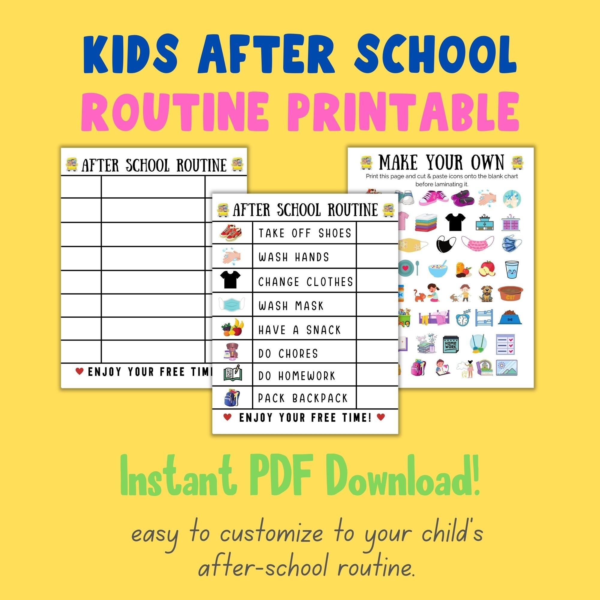 Kids After School Routine Charts Cute Printable Checklist Instant Download Premade Blank Customizable Charts Daily Responsibility Etsy