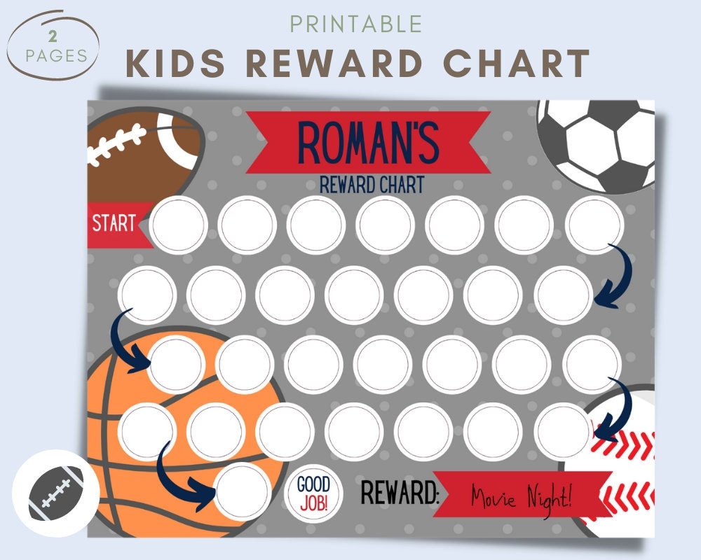 Kids Reward Chart Personalized Reward Chart Printables Printable PDF Reward Kids Reward System Sports Football Baseball Basketball Etsy