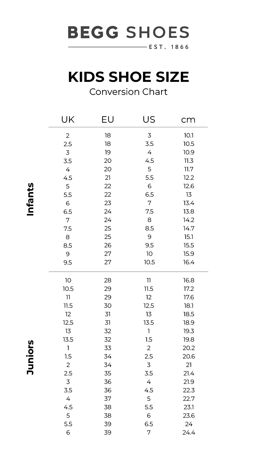 Printable Shoe Size Chart Kids Uk