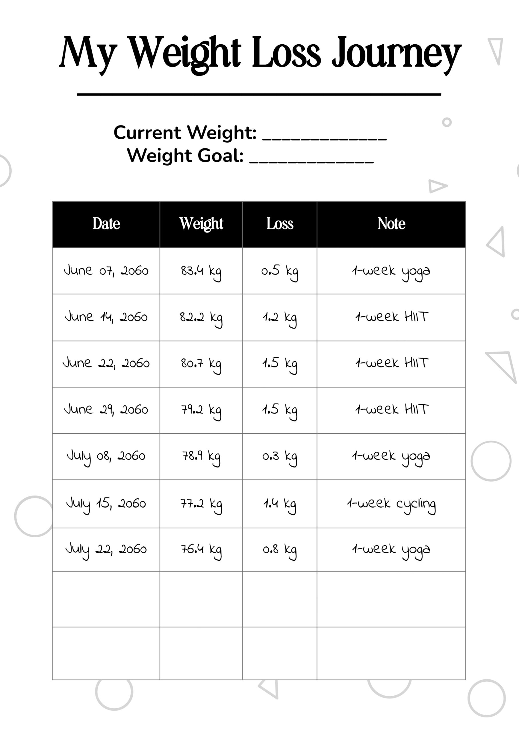 Kilogram Weight Loss Chart In Illustrator PDF Download Template