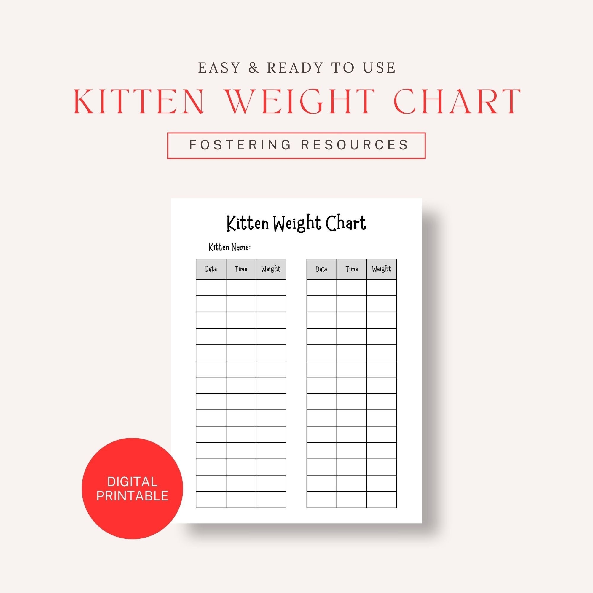 Kitten Weight Chart Fostering Breeder Log digital Printable PDF Etsy
