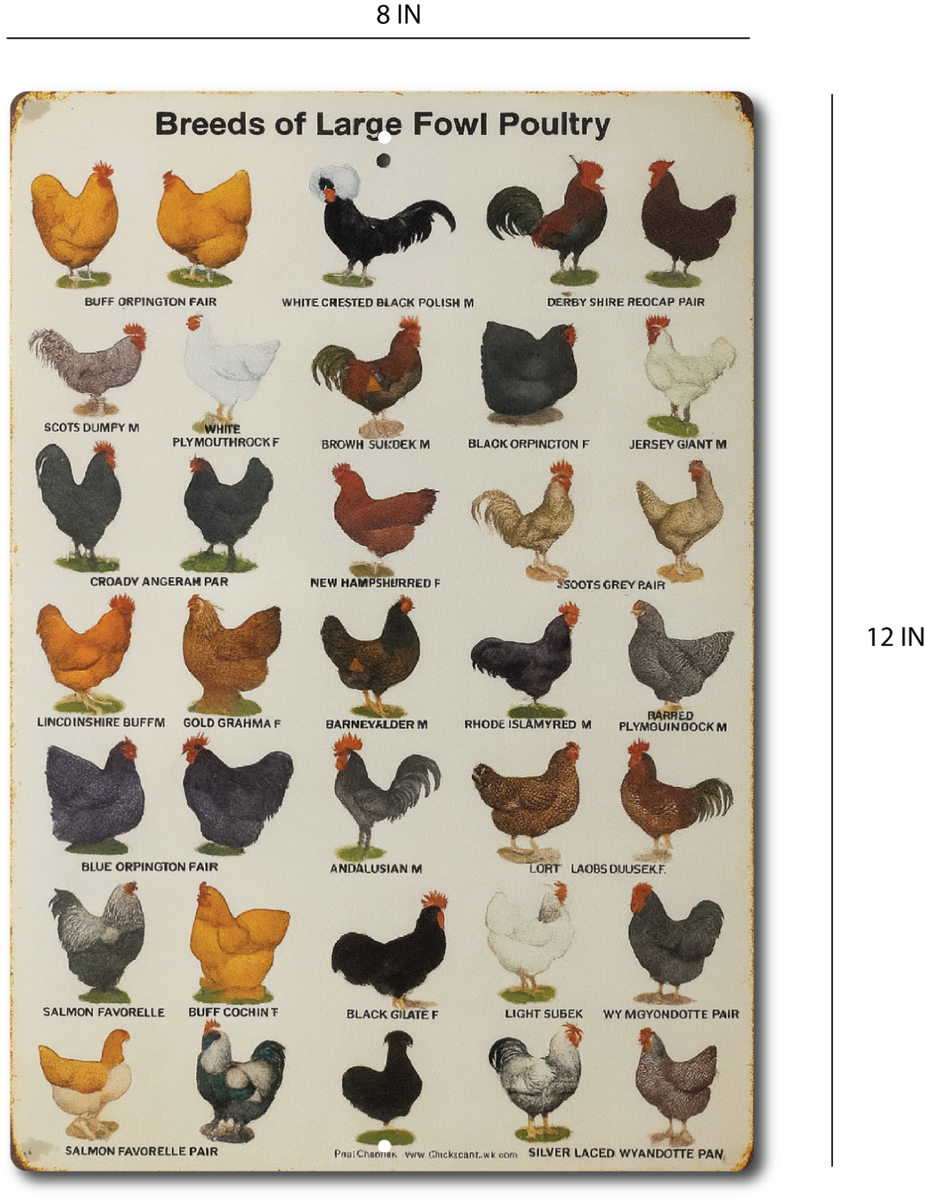 Large Poultry Chicken Breeds Tin Sign 8x12 Country Farm Decor Rooster Hen Chart EBay