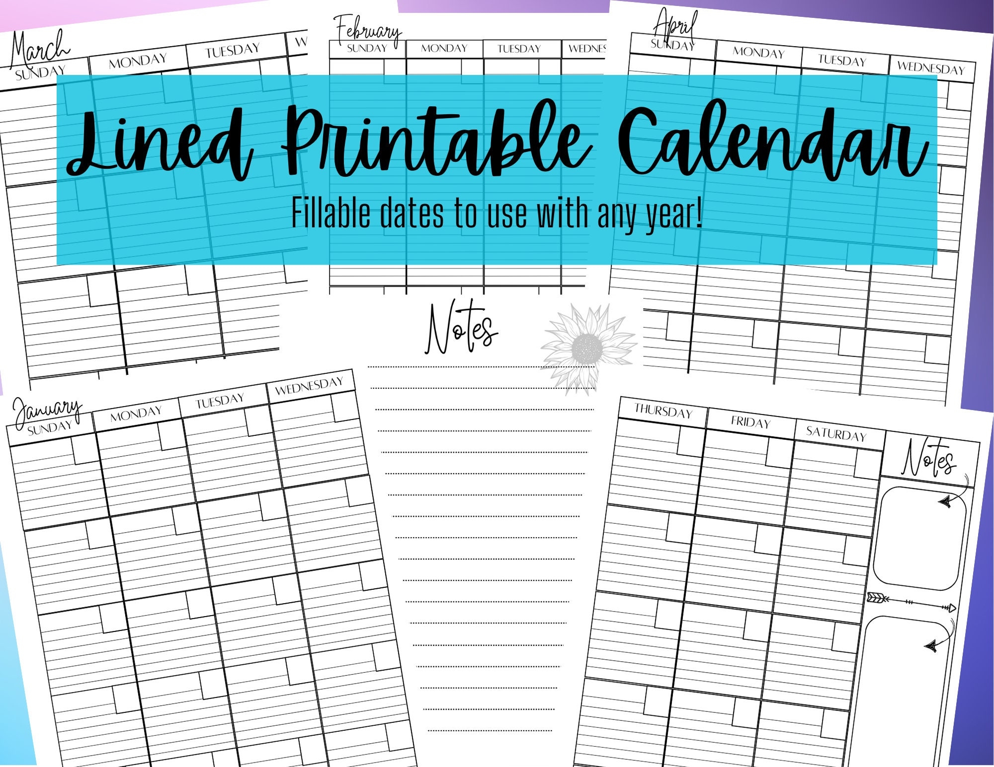 Lined Monthly Calendar Portrait Printable Download Jan dec Etsy