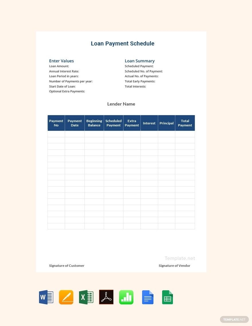 Loan Payment Schedule Template In Word Pages Excel PDF Apple Numbers Google Sheets Google Docs Download Template