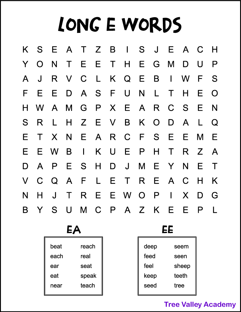 Long E Word Search Tree Valley Academy