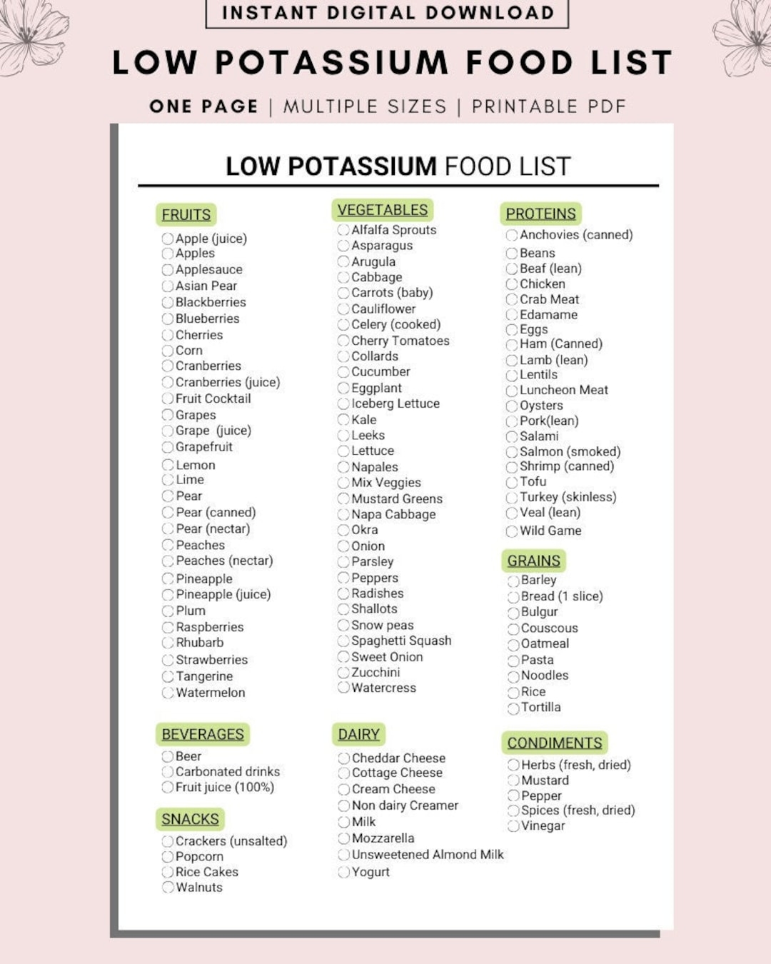 Low Potassium Food List Kidney Disease Renal Diet Chronic Illness Grocery List Shopping List Food Guide List Printable Food Journal Etsy