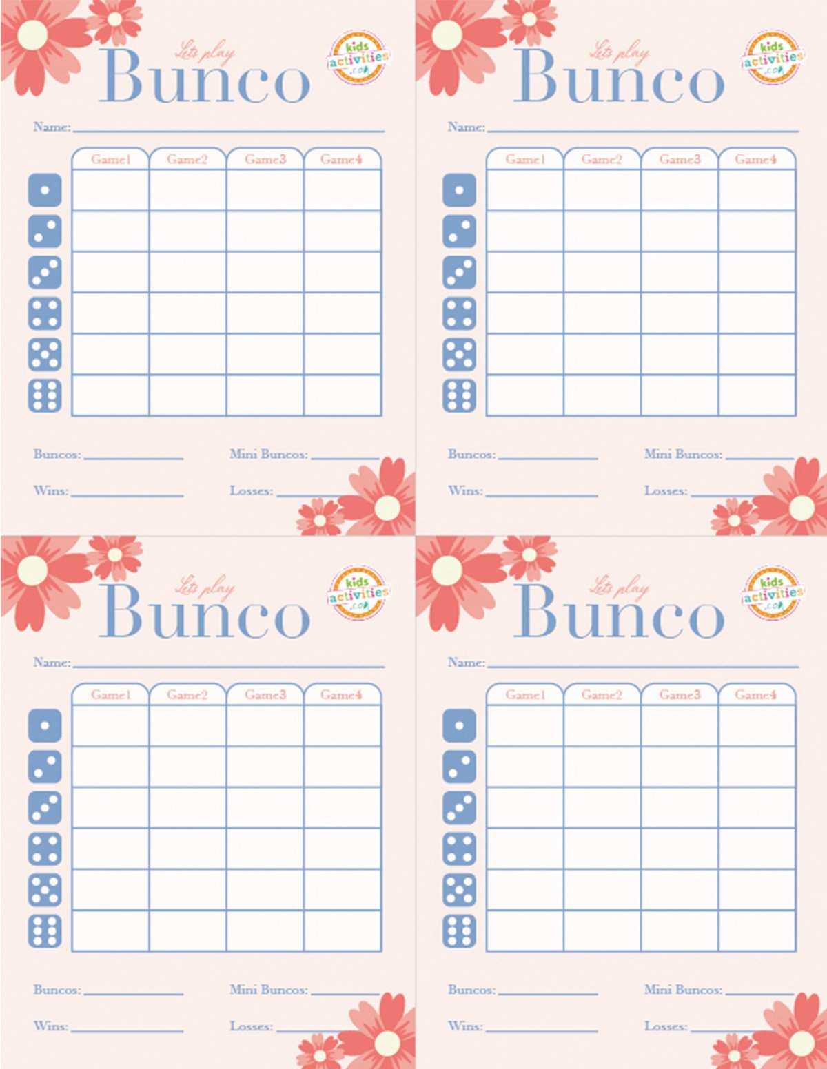 Bunco Tally Sheets Printable