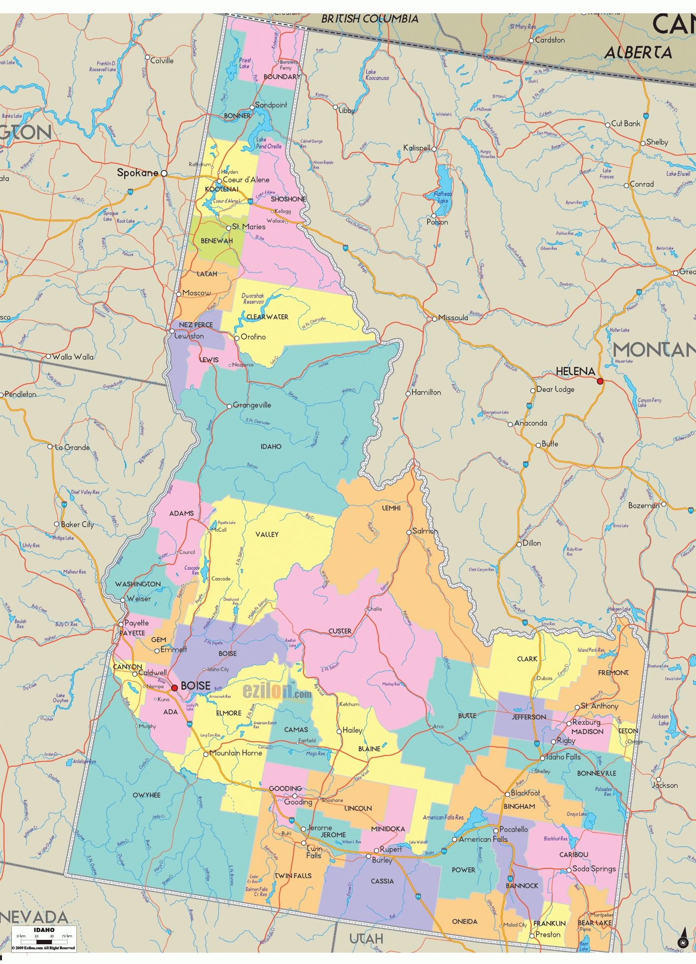 Map Of Idaho Detailed Idaho Map With Cities Counties And Roads Ezilon Maps