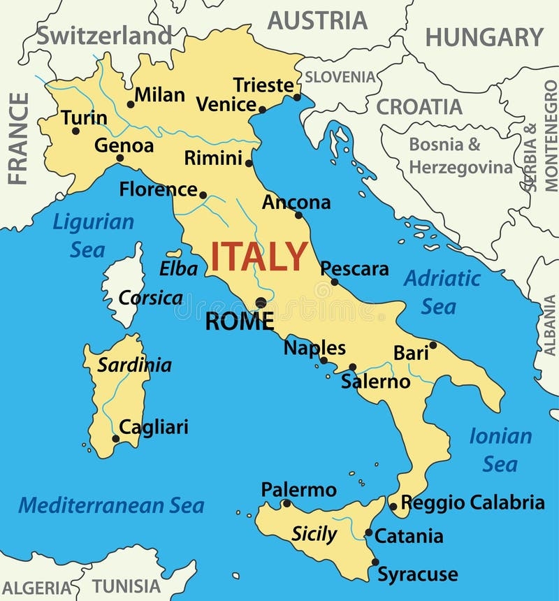 Map Of Italy With Cities And Sea Names For Childrens Books And Worksheets Library