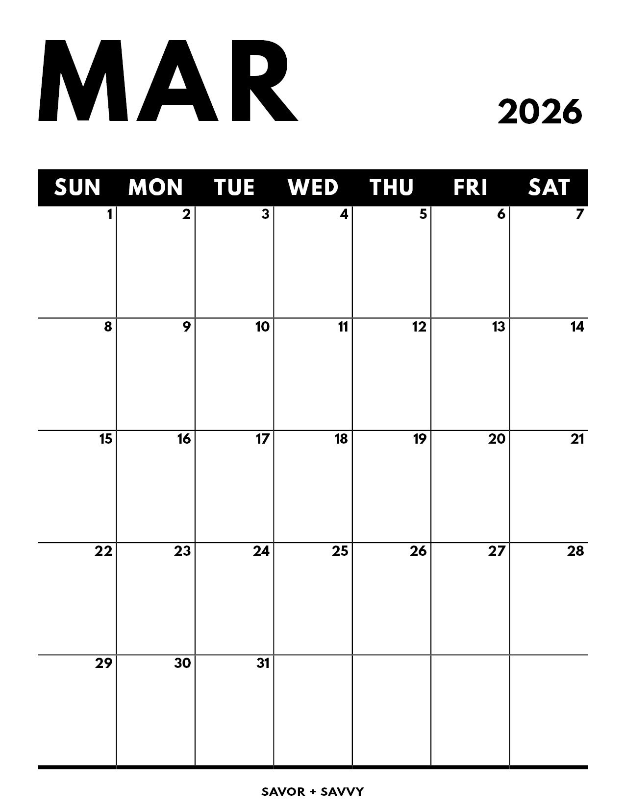 Printable Calendar For March 2026