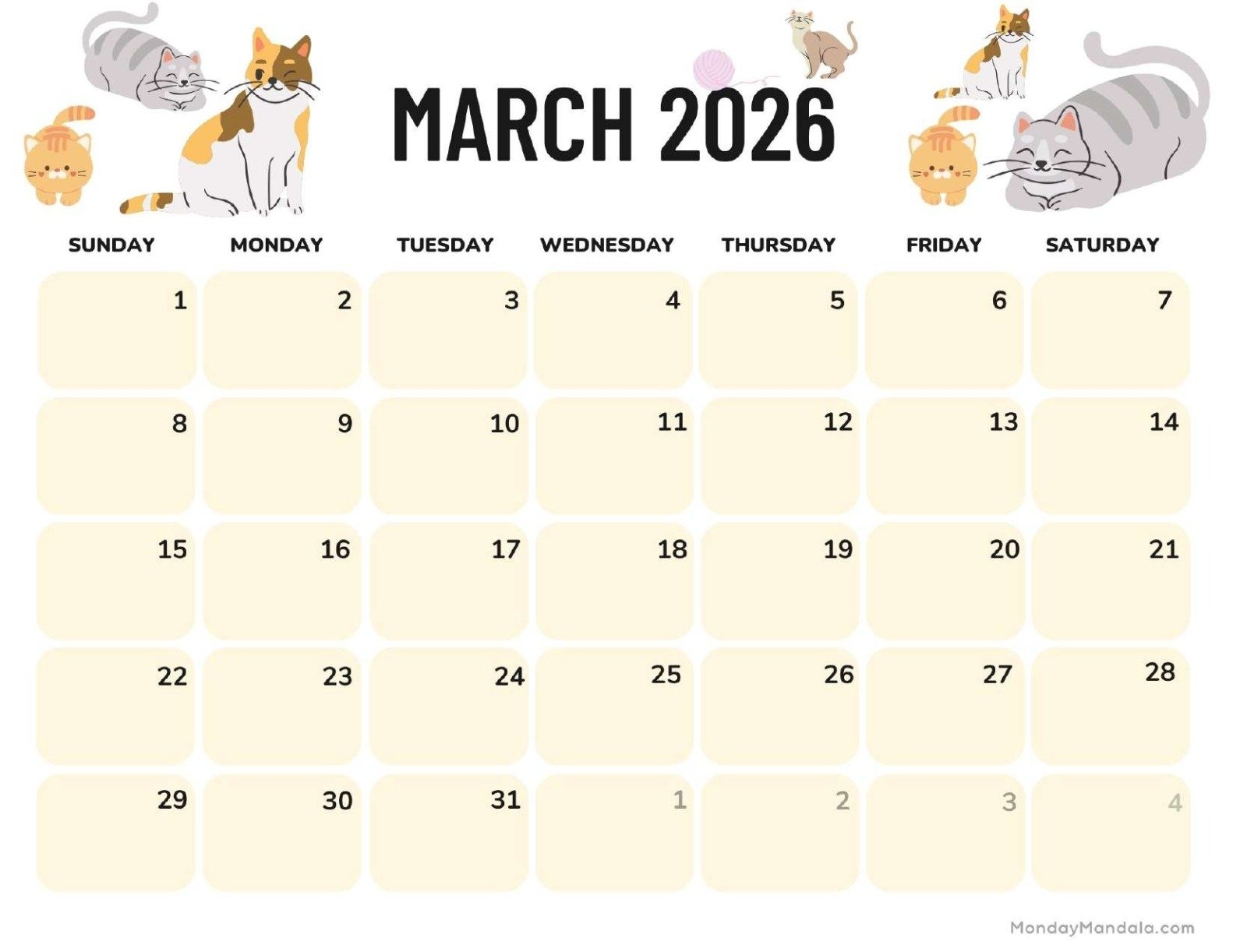 March 2026 Calendar Printable Free