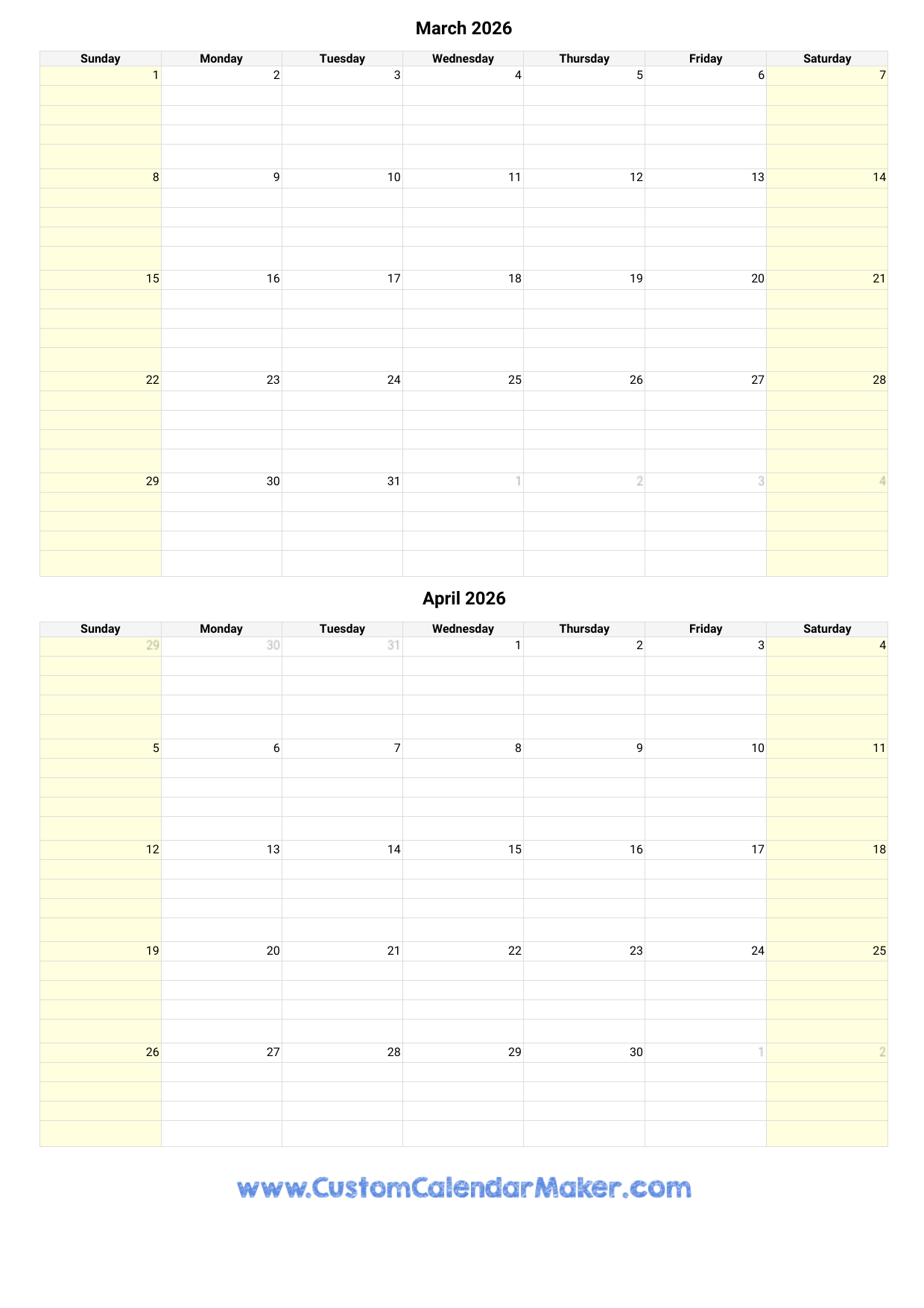 March And April 2026 Calendar Custom Calendar Maker