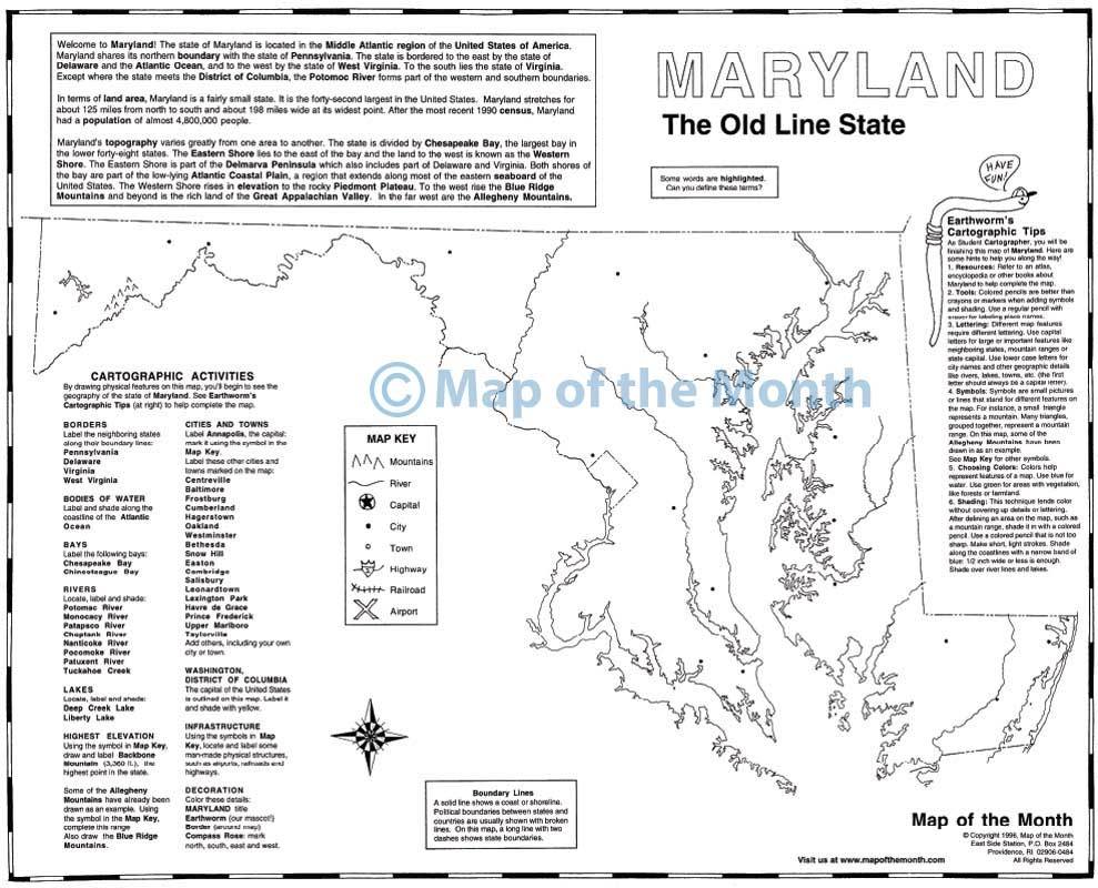 Maryland Map Blank Outline Map 16 By 20 Inches Activities Included