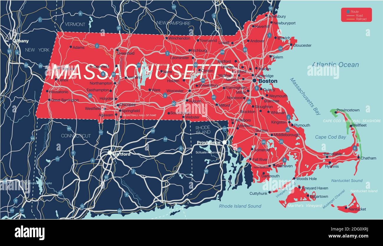 Massachusetts State Detailed Editable Map With Cities And Towns Geographic Sites Roads Railways Interstates And U S Highways Vector EPS 10 File Stock Vector Image Art Alamy