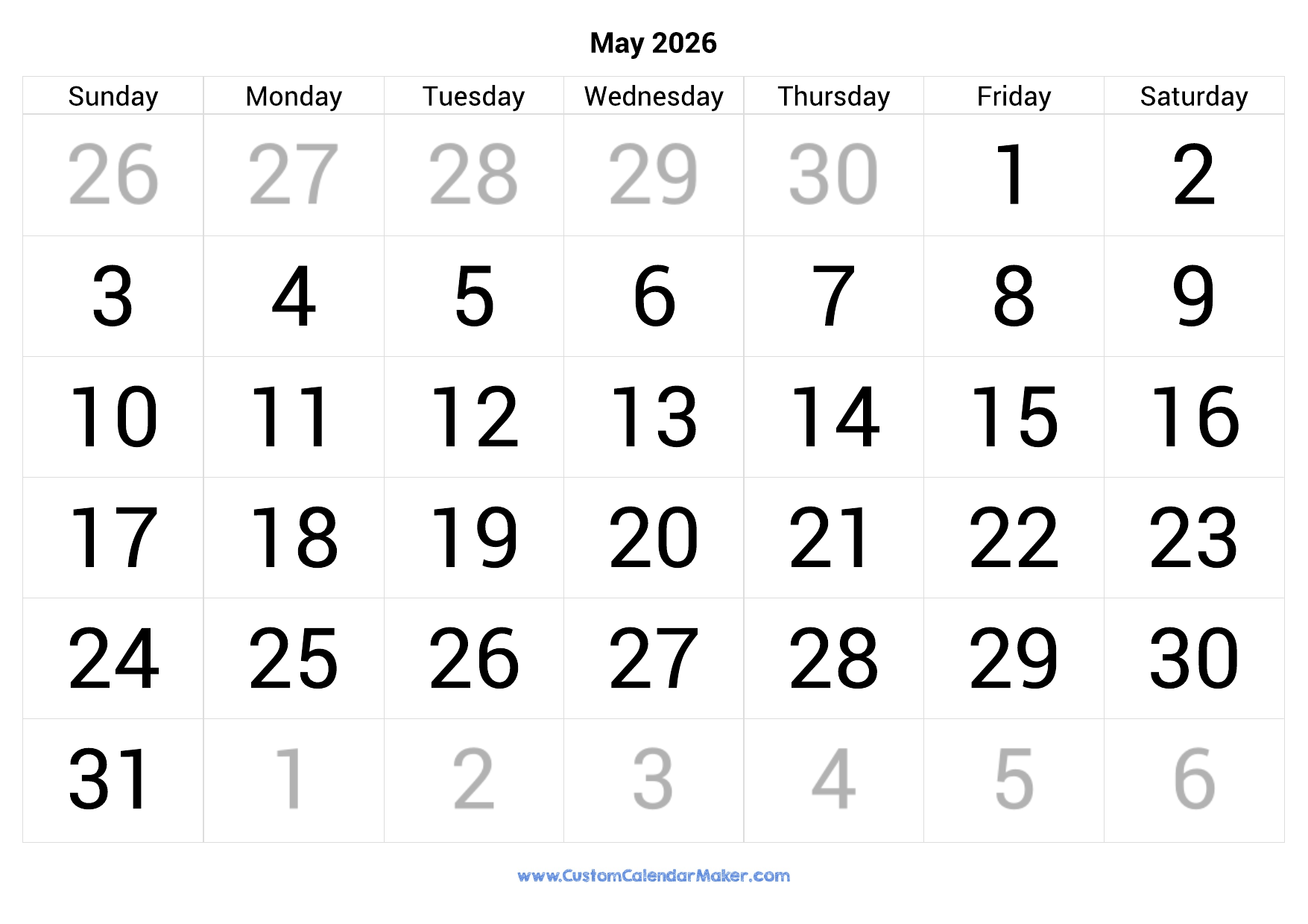 May 2026 Calendar Printable With Large Numbers Custom Calendar Maker