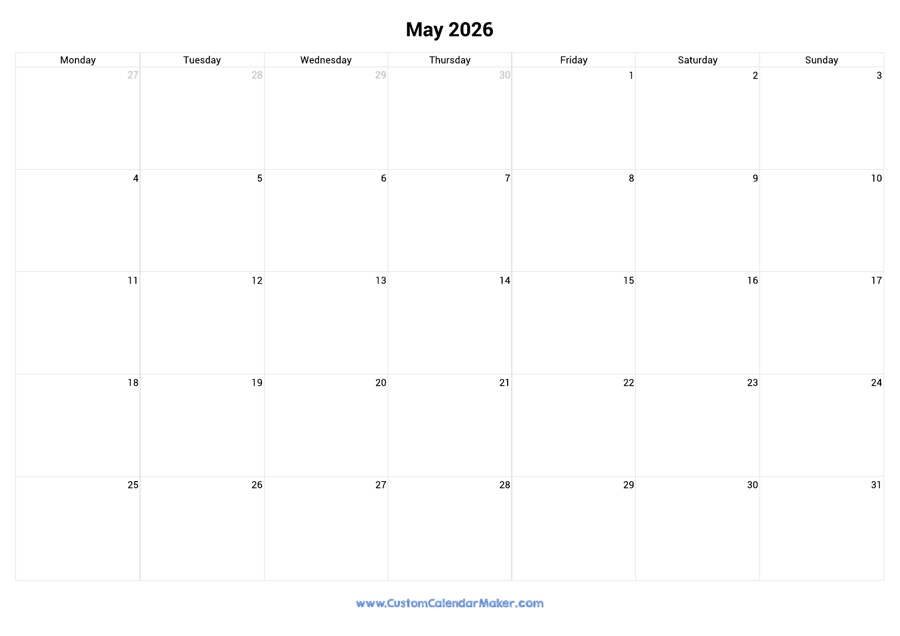 May 2026 Monday Start Calendar Monday To Sunday Custom Calendar Maker