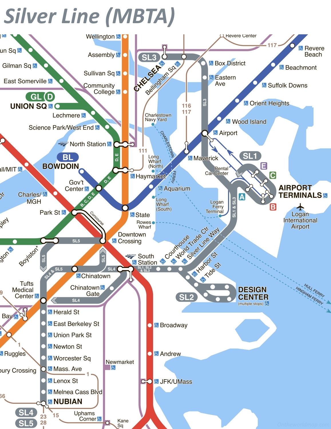 MBTA Subway Map Boston Massachusetts Boston T Maps Lines And Stations Ontheworldmap