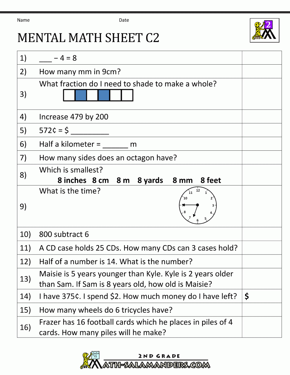 Mental Math Worksheet 2nd Grade Mental Math Worksheet 2nd Grade
