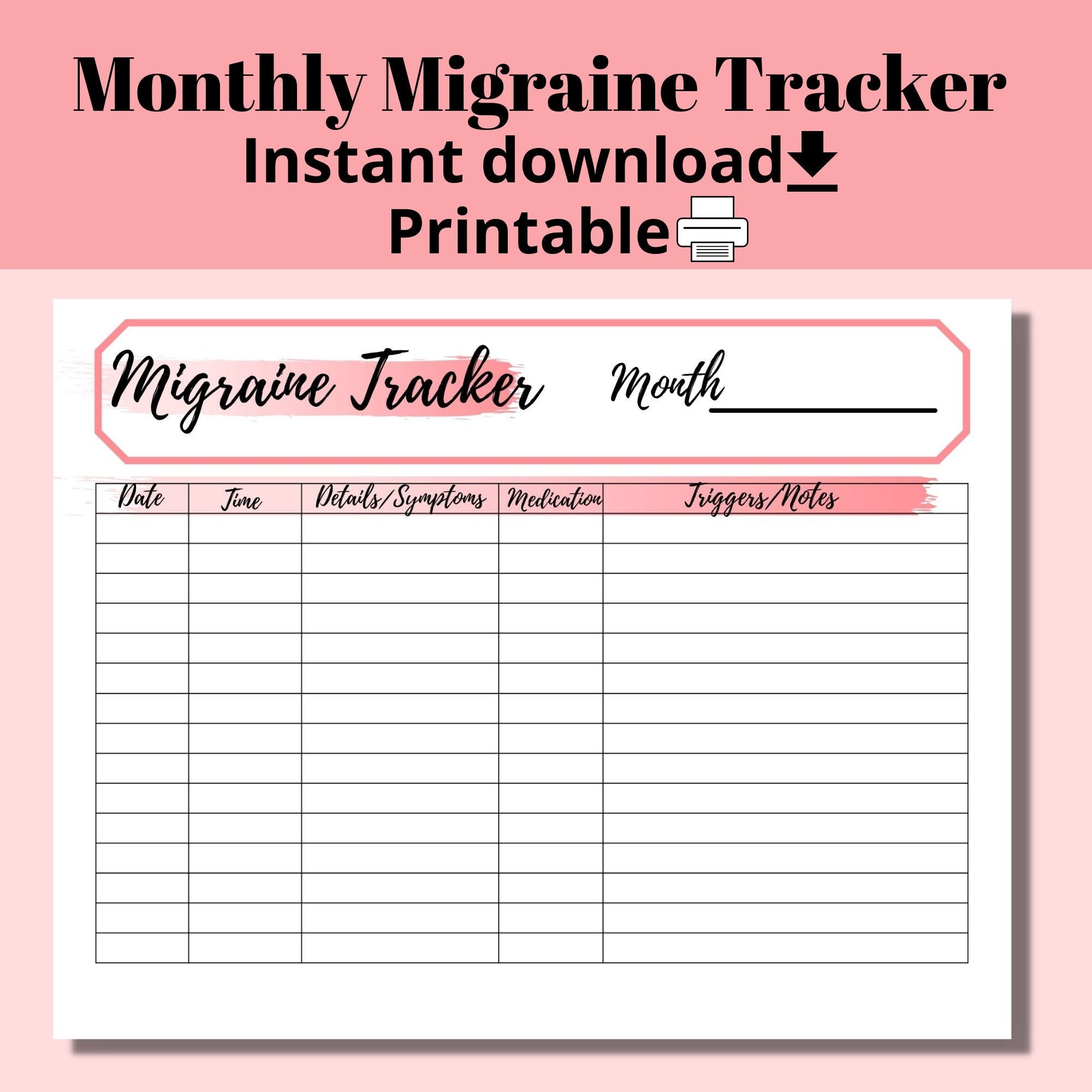 Migraine Headache Tracker Journal Printable Headache Log Headache Diary Symptom Log For Pain Remedies Triggers Instant Download Etsy