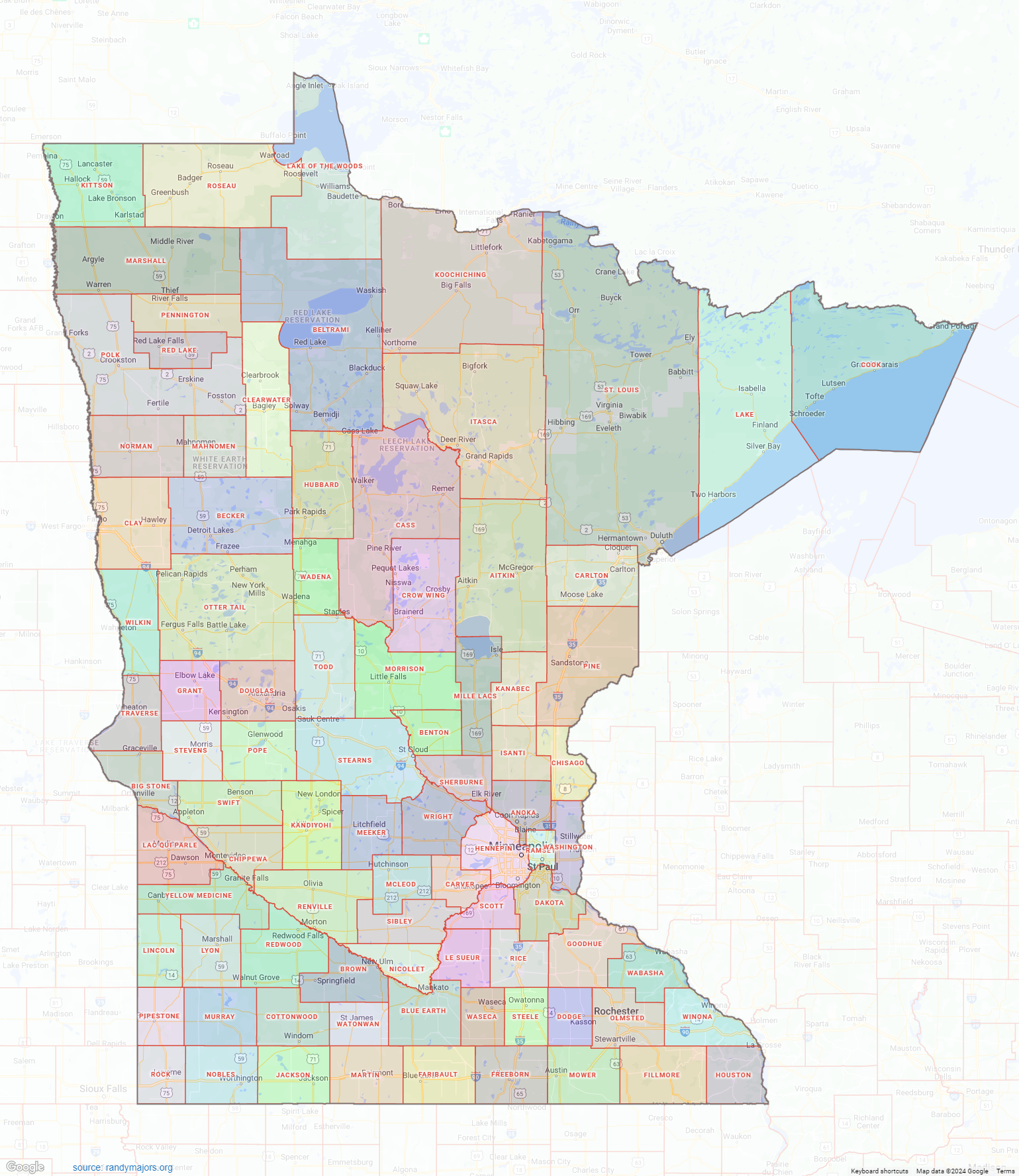 Minnesota County Map Shown On Google Maps Minnesota County Map Shown On Google Maps