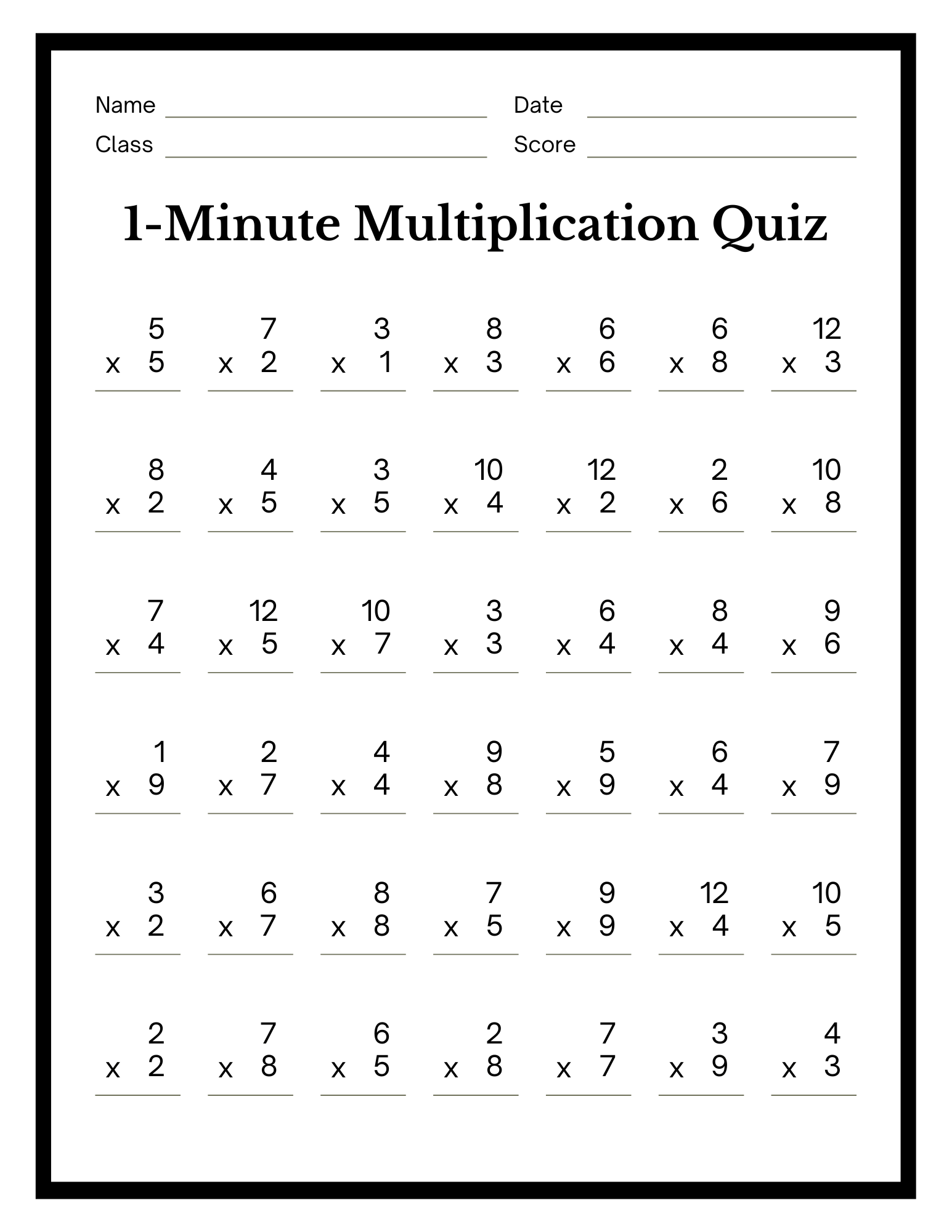 Minute Multiplication Worksheet Education World