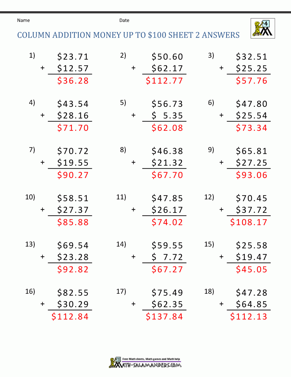 Printable Adding Money Worksheets
