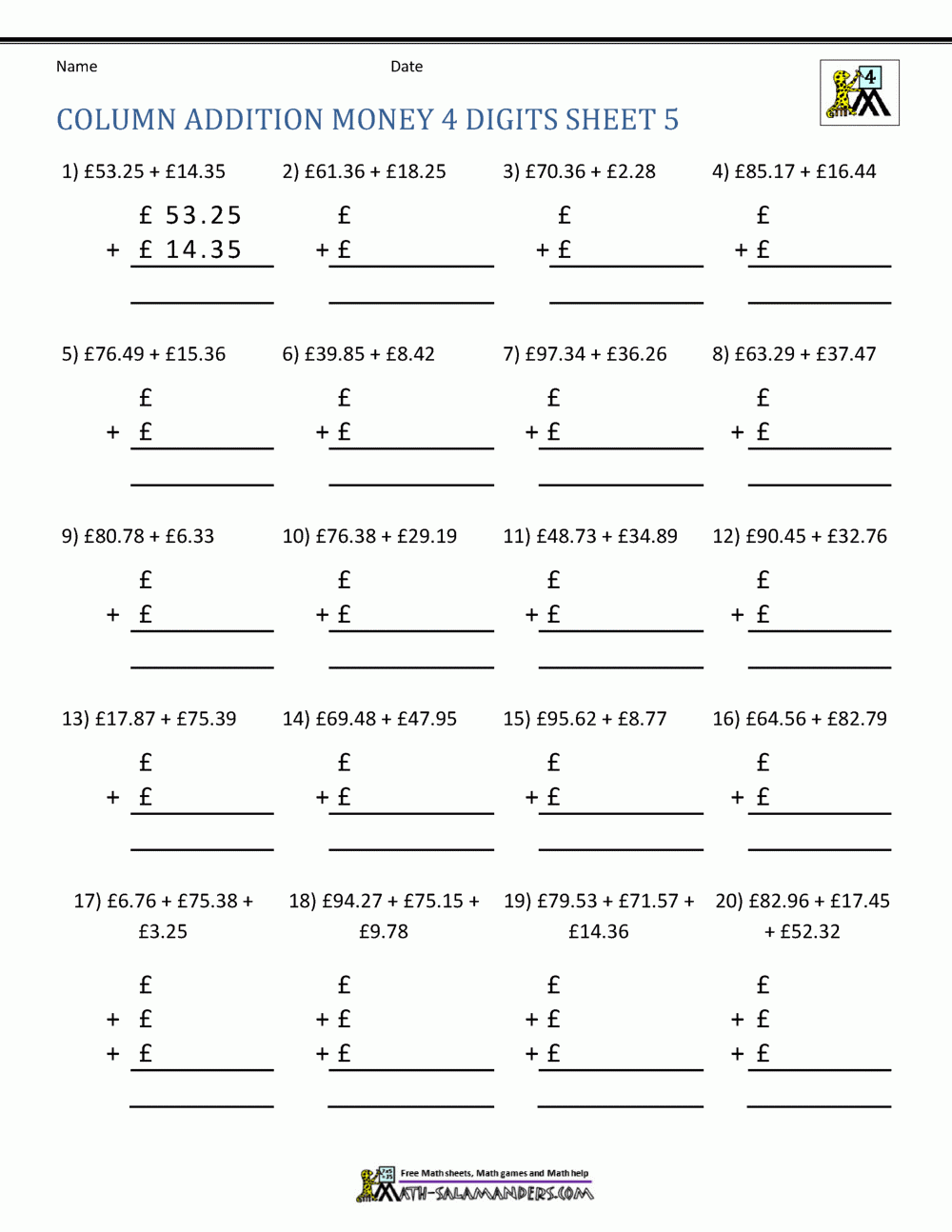 Money Addition Worksheets UK Money