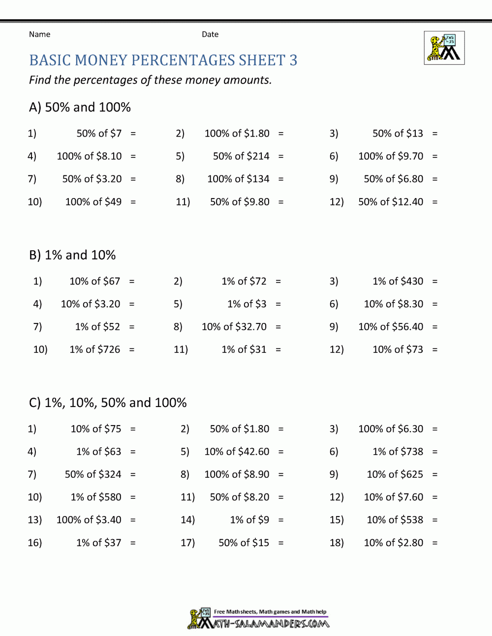 Printable Percentage Worksheets
