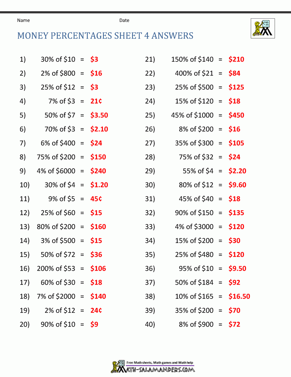 Money Percentage Worksheets
