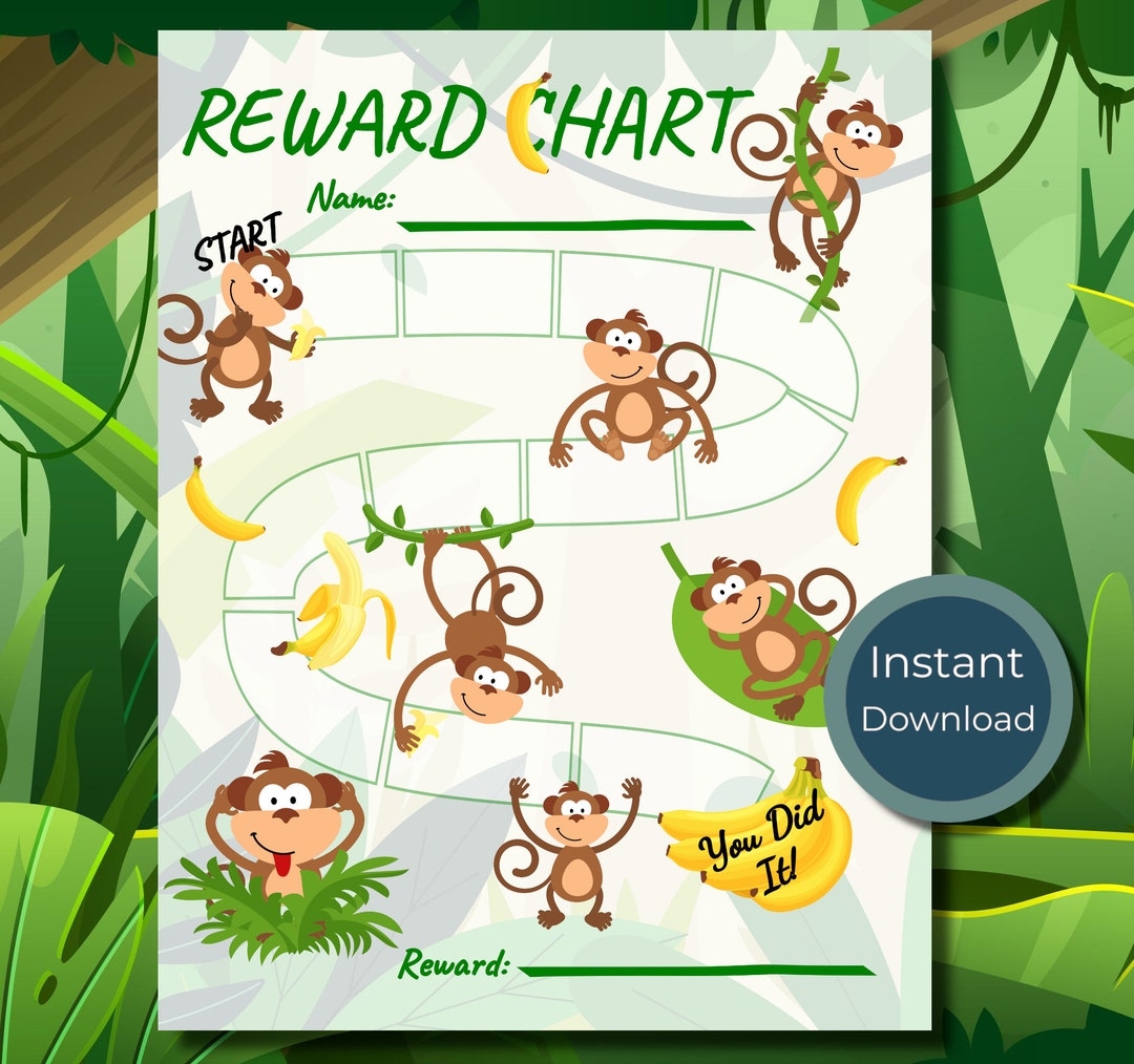 Monkey Reward Chart Kids Tracker Chores Encouragement Potty Fun Instant Rewardchart Banana Jungle Ape Safari Zoo Chimp Behavior Prize Animal Etsy