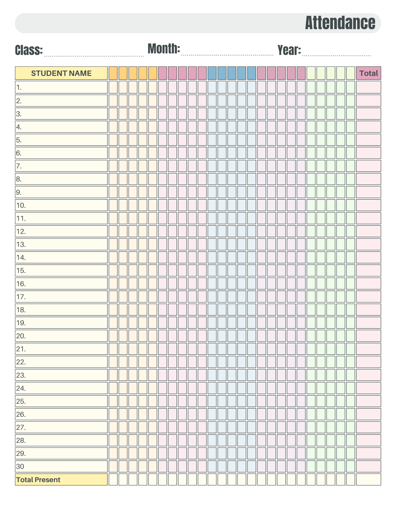 Monthly Attendance Sheet FREE Printable