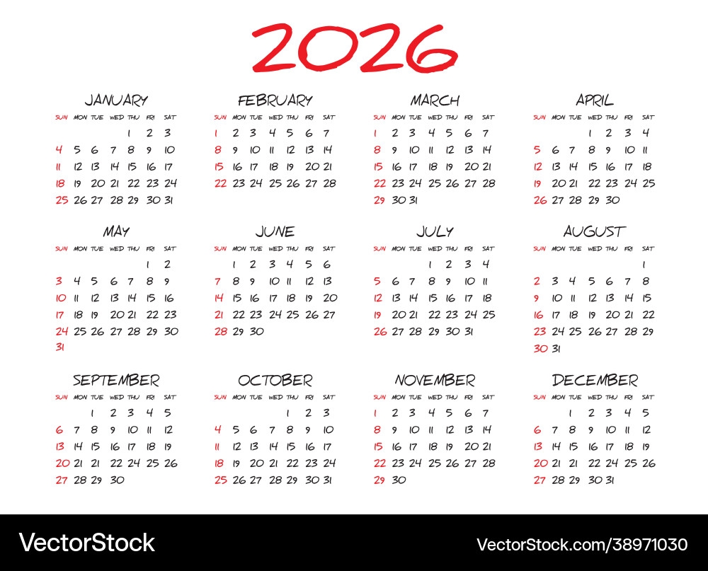 Monthly Calendar Template For 2026 Year Royalty Free Vector