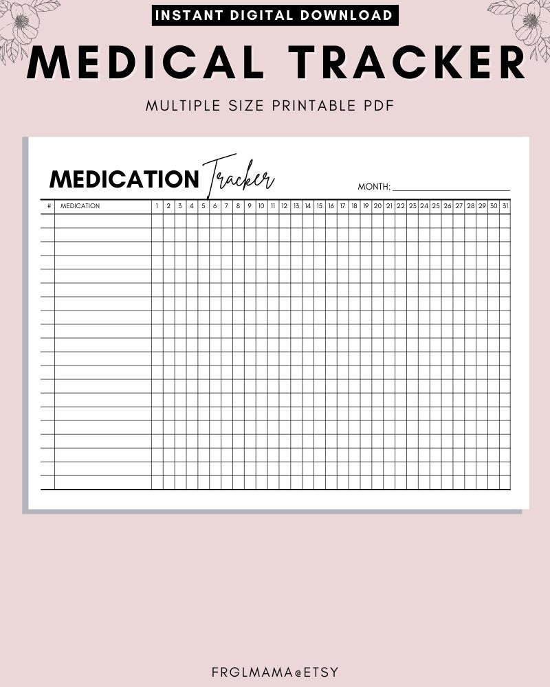 Monthly Medication Tracker Printable Med Tracker Chart Monthly Medication Intake Health Printable Instant Download A4 A5 LETTER PDF Etsy