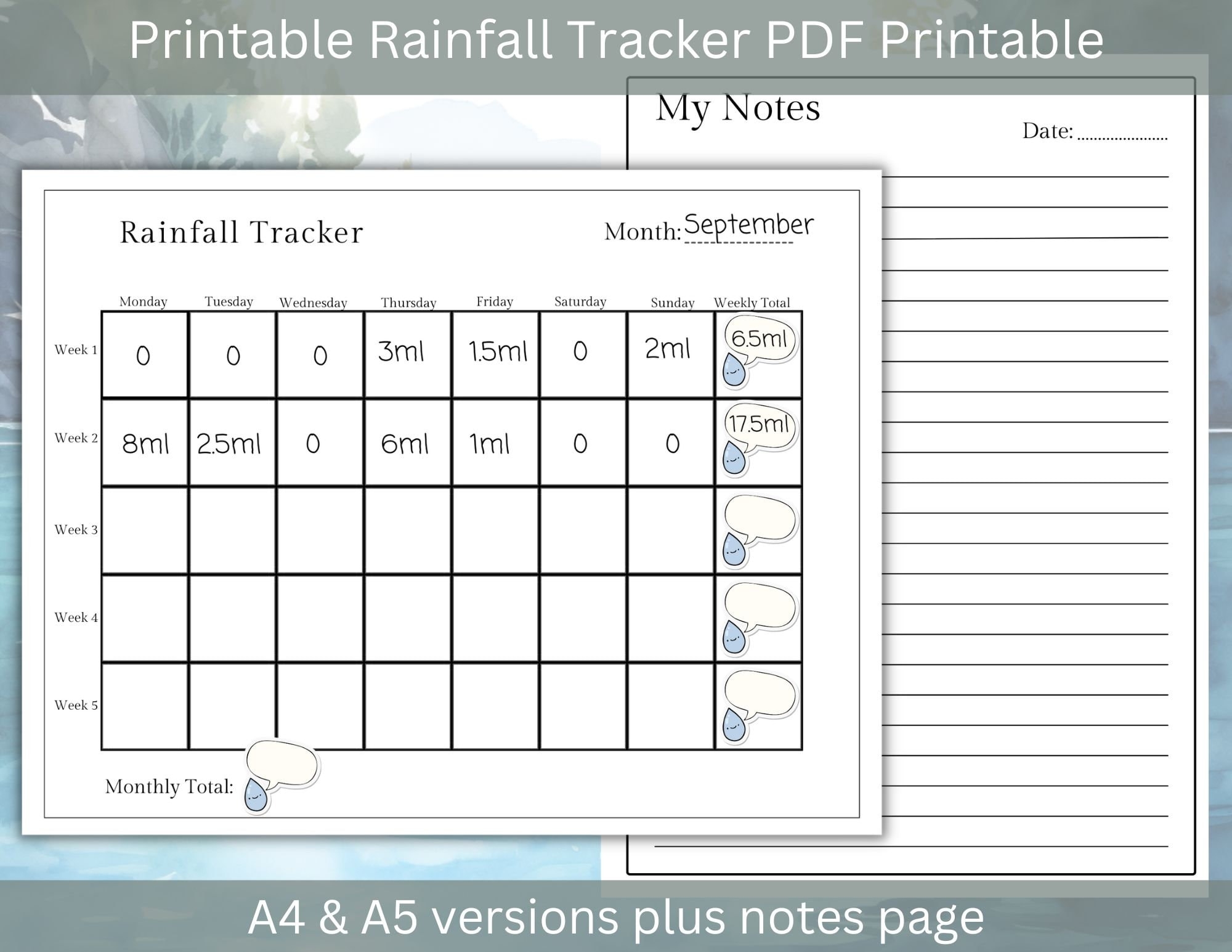 Monthly Rainfall Tracker PDF Downloadable Printable A4 A5 Etsy