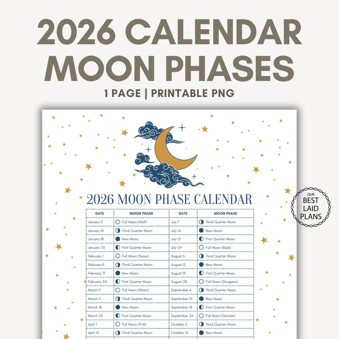 Moon Phase Calendar 2026 Printable Lunar Cycle Calendar 2026 Lunar Moon Phase Schedule Calendar 2026 Moon Phases 2026 Full Moon Calendar Etsy UK