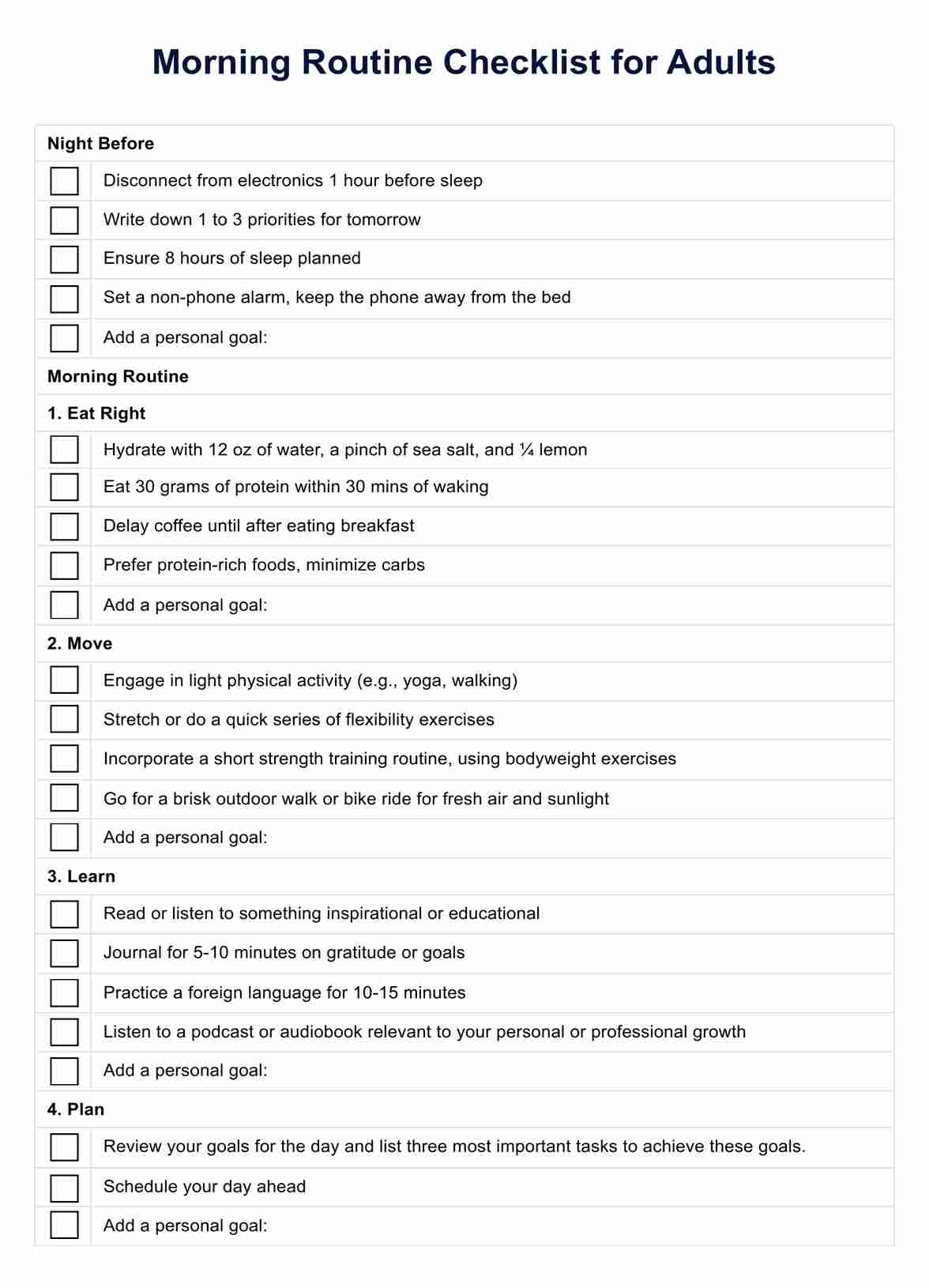 Morning Routine Checklist For Adults PDF