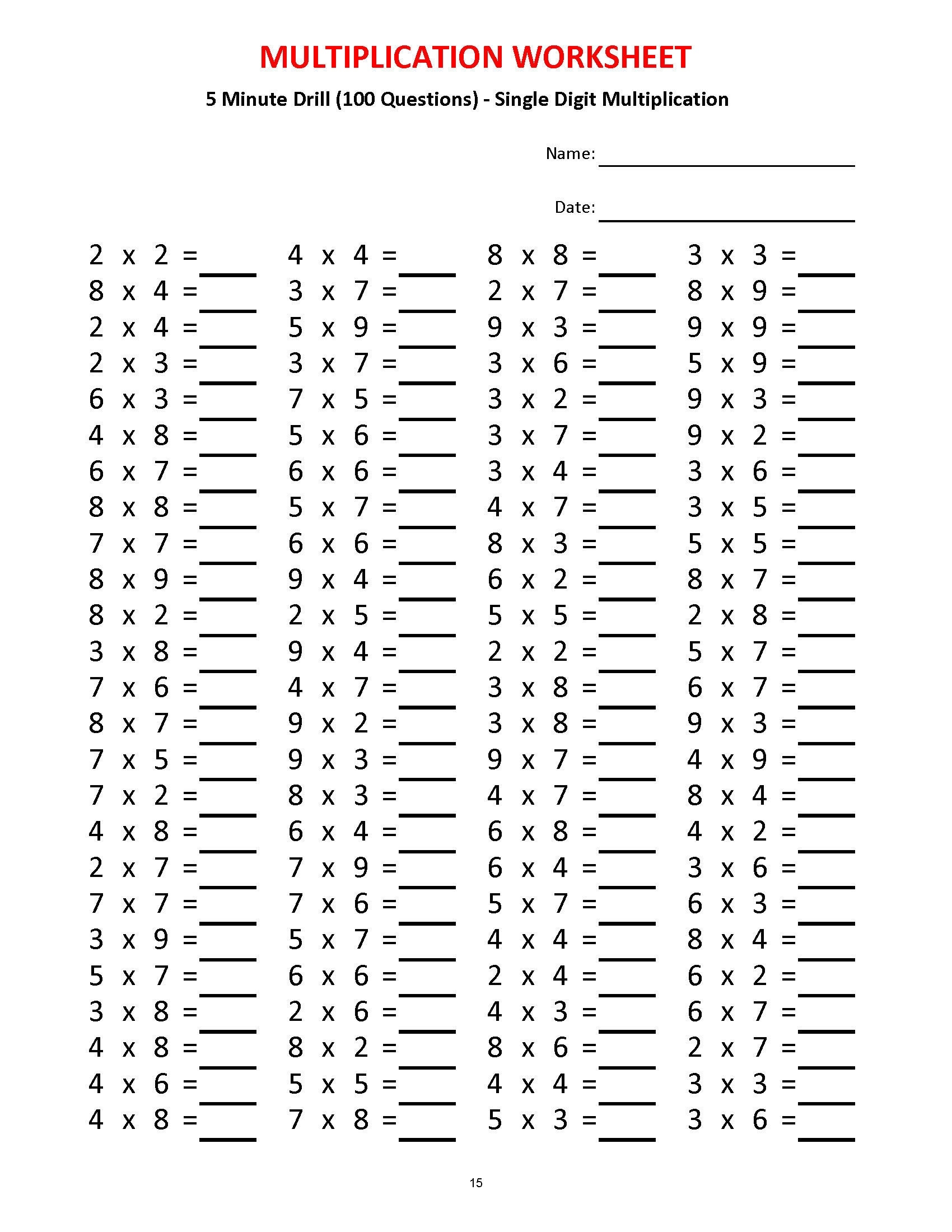 Multiplication 5 Minute Drill worksheets With Answers pdf Year 2 3 4 Grade 2 3 4 printable Worksheets Basic Multiplication Etsy