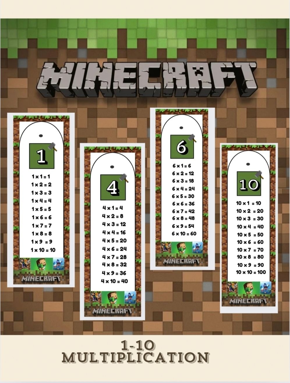 Multiplication Table 1 10 Bookmark Style Minecraft Design By Kwkcollectionshop Raket PH