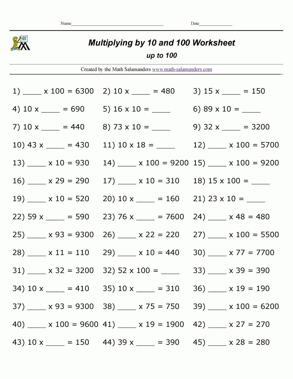 Multiplying By 10 And 100 Worksheets Worksheets Library