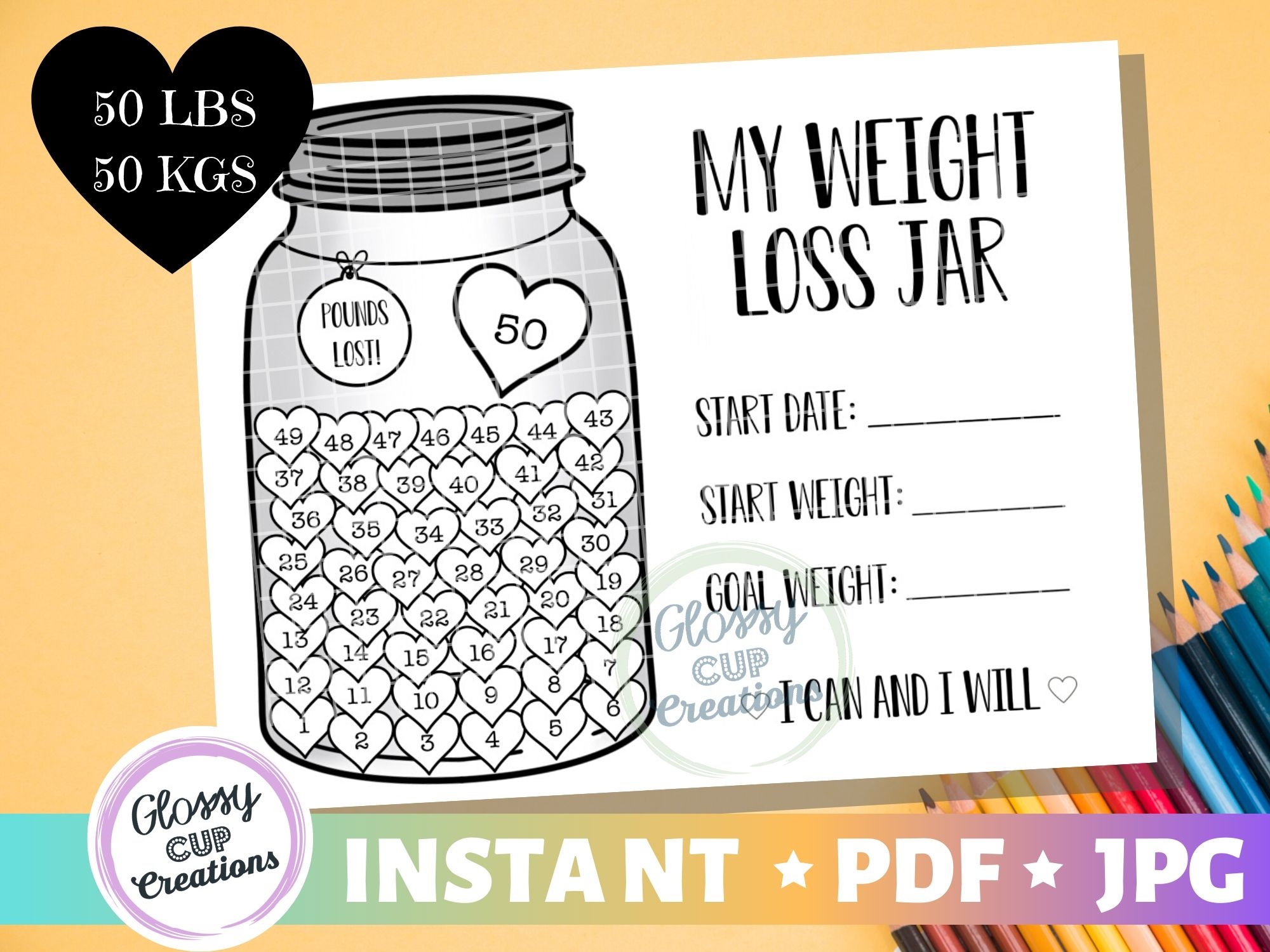 My Weight Loss Jar 50lbs Printable PDF JPG Pounds Lost Jar Resolutions Fitness Tracker Goals Start Weight Coloring Page Etsy
