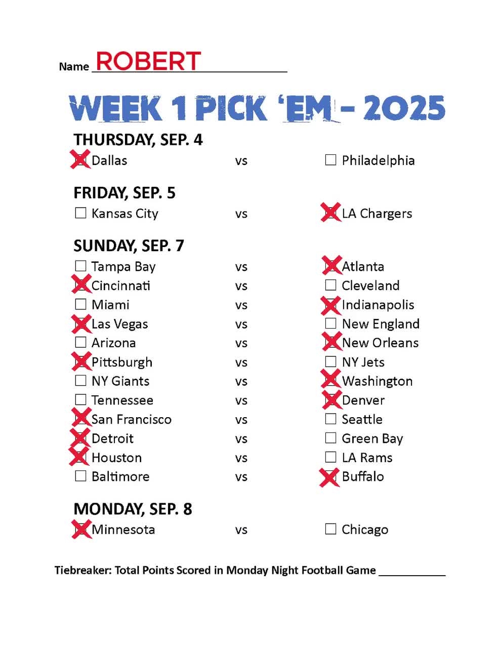 Nfl Weekly Pick Em Printable Sheet