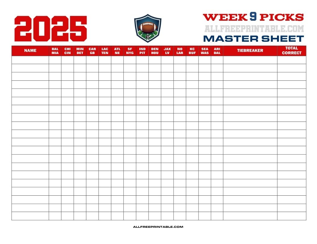 NFL Week 9 Pick em Master Sheet 2025 Free Printable