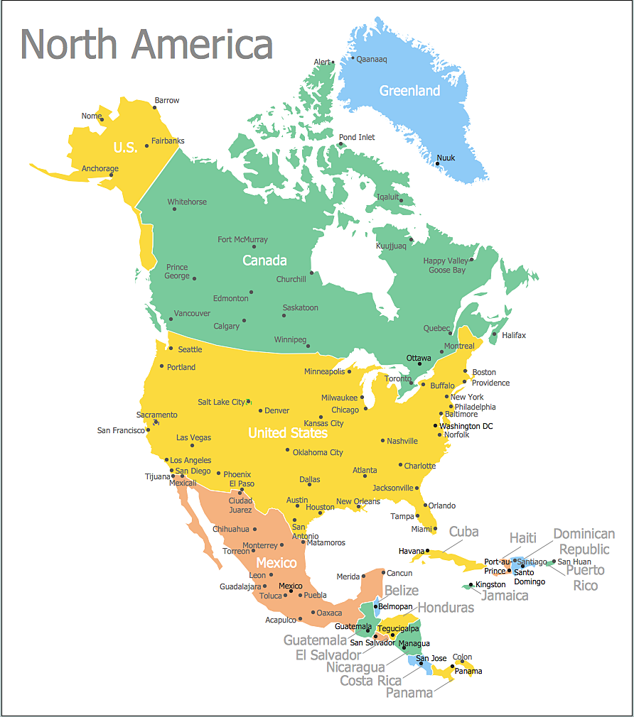 North America Map With Capitals Template How To Draw A Map Of North America Using ConceptDraw PRO Continents Map North America Map With Capitals